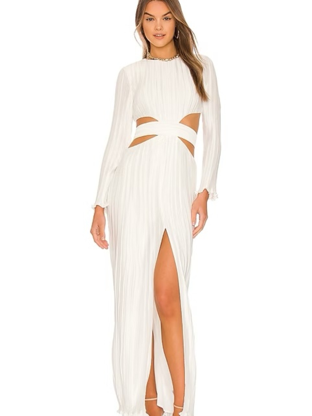 Cutout White Long-Sleeve Maxi Dress with Front Slit